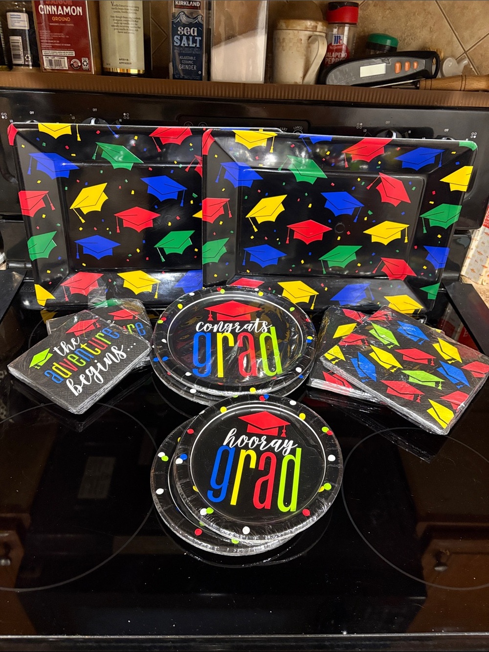 Graduation Party Paper Plates (new) Napkins Set (new) & Multicolor trays (used).
